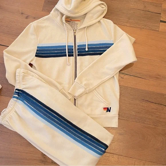 Aviator Nation Vintage White Blue 5-Stripe Hoodie and Sweatpants Set XS - Picture 1 of 7